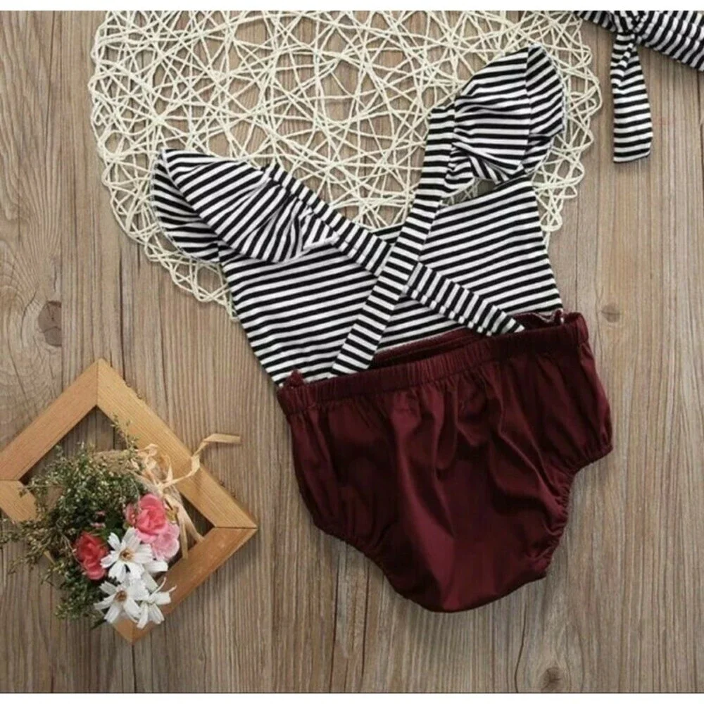 Toddler Baby Girl Boutique Romper Bodysuit Headband Outfit Set 9-12 Months NEW